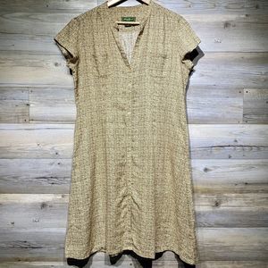 Eddie Bauer Linen Button-Front Dress Size 16 Knee Length Tan Puff Sleeve Safari